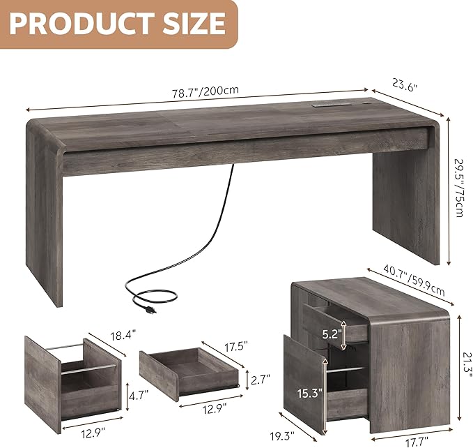78" L-Shaped Executive Desk with Mobile File Cabinet, Grey Oak | Mid-Century L-Desk with Mobile File Cabinet, Drawers & Power Hub (4AC+2USB) Waterfall Edge. Large Workspace for Home Office