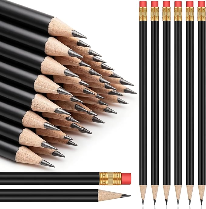 Outus 144 Pieces Round Pencils Cute HB Graphite Wood Pencils Bulk with Eraser for School Writing Drawing Sketching Wedding Office Supplies(Black)