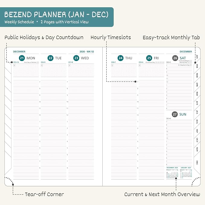 BEZEND 2026 Planner Weekly and Monthly (8.5" x 11") Daily Calendar with Hourly Timeslots & Tab (Jan-Dec) Note & Expenses, Pen Holder, Inner Pocket, Vegan Leather Hardcover - Kiwi