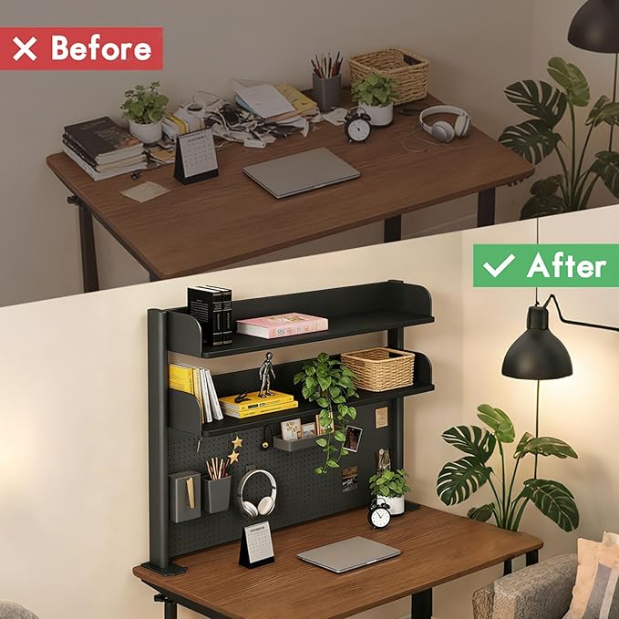 Clamp On Desk Shelf Organizer with Pegboard Desk Hutch Dorm with Storage Bookshelf Desk Top Organizer Shelf Multi-Purpose White & Black Desktop Shelves & Office Shelves (Black, W - 31.5")