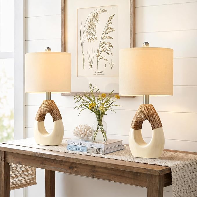 19'' Boho Small Table Lamps Set of 2 for Bedroom, Farmhouse Bedside Lamps with Rattan Rope for Living Room, Nightstand Lamps for Side End Table Sofa Entryway Home Decor, White and Beige
