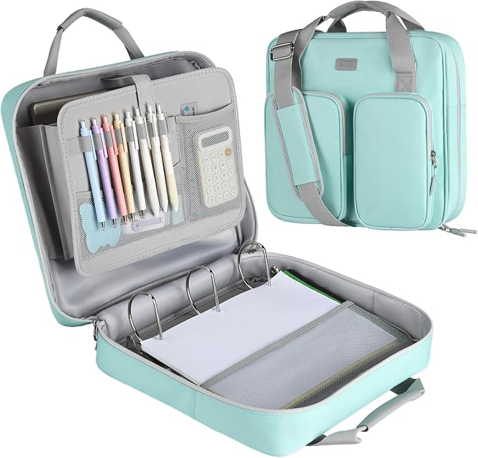 3 Inch Zipper Binder 3 Ring with Shoulder Strap & Multi-Pocket | Binder with Zipper Holds Up to 700 Sheets for Office School, Compatible with 13” MacBook Laptop ipad, Light Blue