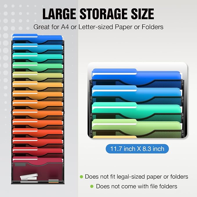 MINDEPOT 15 Tier Wall File Holder Hanging Wall Mount Paper File Organizer for Mails Folders Document Magazine Organization, for Office School Home, Black