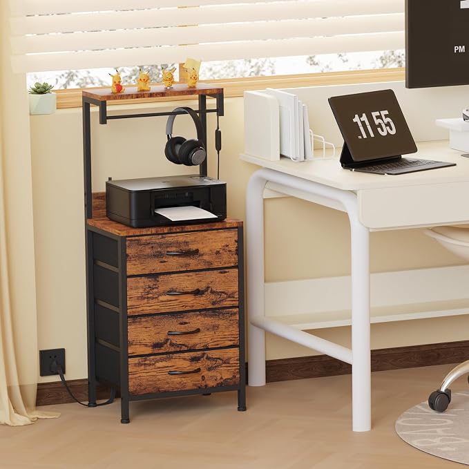 Night Stand with Charger Station, 4 Fabric Drawers and LED Lights | 38'' Tall Bedside Table with Storage Shelf for Bedroom, Office, Metal Frame, Wood Shelves, Rustic Brown Nightstand