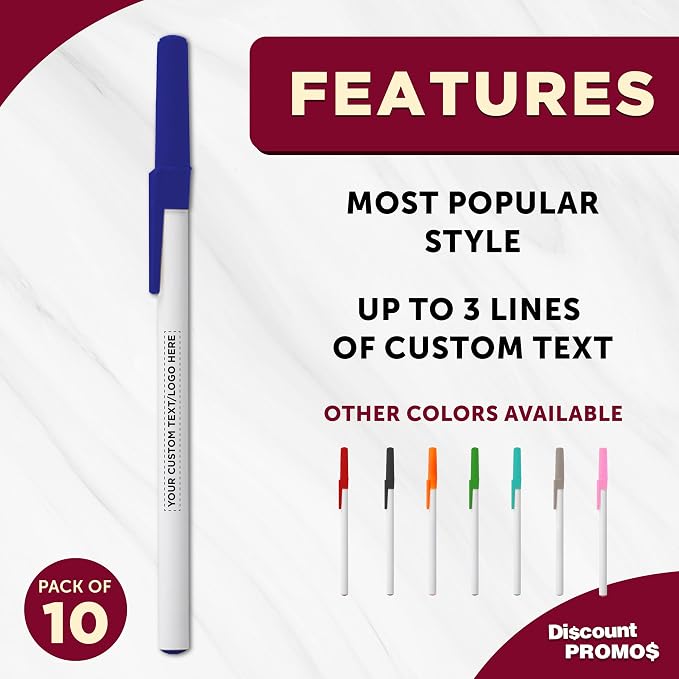 DISCOUNT PROMOS Custom Value Stick Pens Set of 10, Personalized Bulk Pack - Black Ink, Great for Office, School, Business, Tradeshows, Events - Blue