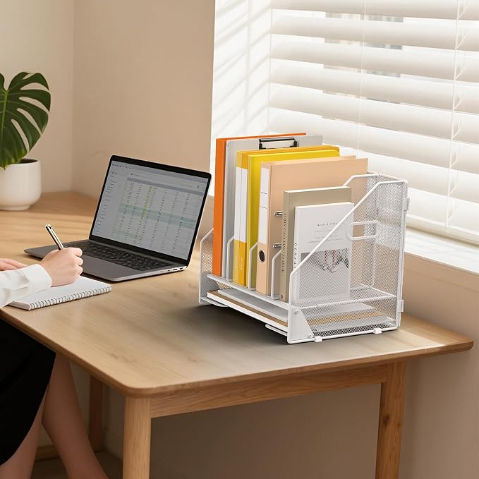 4 Vertical Mesh Desk Organizer with Paper Letter Tray, White | Sorting racks with lower letter tray section. Multipurpose mesh desktop space saver for home office and school