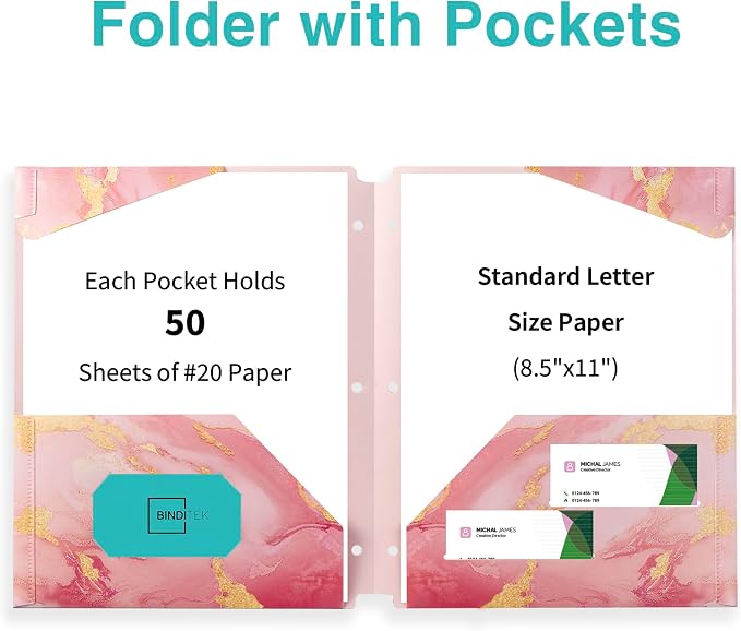 Binditek 6 Pack Plastic Folders with 2 Pockets, 3-Hole, Marble Colors | Letter Size, 2-Pocket File Folders with Card Slots, Waterproof, Fits 3 Ring Binders, School and Office Supplies