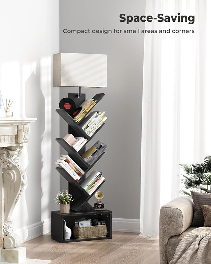 Evermagin 6 Tier Tree Bookshelf with Light, Bookcase, Black | Narrow Tower Design, Storage Cabinet for Book Organization, Tall Floor Standing Use, Living Room, Bedroom and Home Office