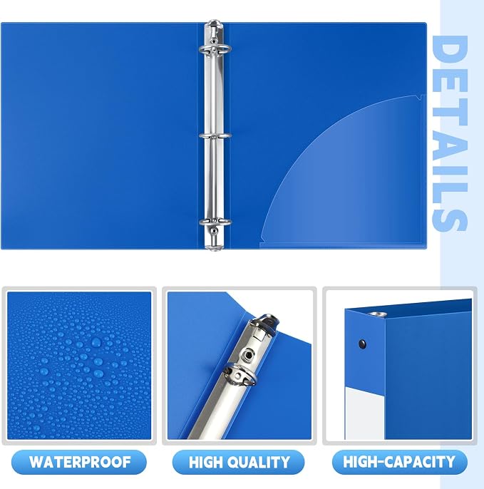 Henoyso 24 Pcs 1.5 Inch 3 Ring Binders, Letter Size,Blue | Binders Bulk, Holds 350 Sheets, Round Rings, Durable Flexible PP Plastic Covers, Pockets Labels, School Office Supplies