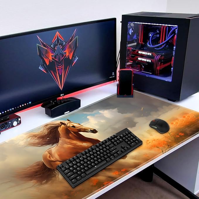 Extended Gaming Mouse Pad 31.5" x 11.8", with Edge Stitching, Non-Slip Rubber Base Keyboard Pad, Suitable for Work, Game, Office, Home and Coasters, Running Horse