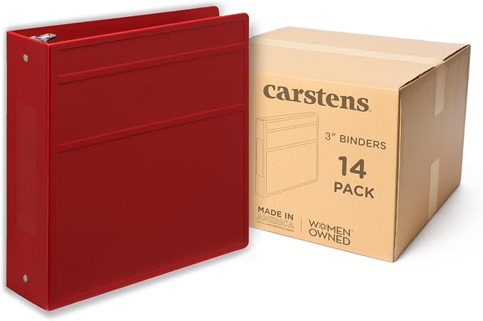 Carstens 3-Inch Heavy Duty 3-Ring Binder - Side Opening, Brick Red, Durable Plastic, Precision No-Gap Rings, Waterproof Cover, No Pockets, Holds 400 US Letter Sheets, BPA-Free, Made in USA (1740-3R)
