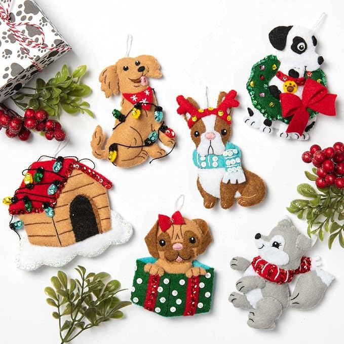 Bucilla, Christmas Dogs, Felt Applique Ornament Kit, Set of 6 (89283E)