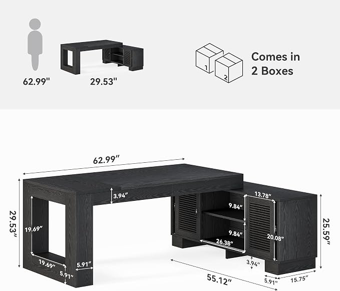 LITTLE TREE L Shaped Executive Desk, Large 63" Executive Desk with File Cabinet, Modern L Shaped Desk, Corner Computer Desk for Home Office & Business Furniture Workstation, Black