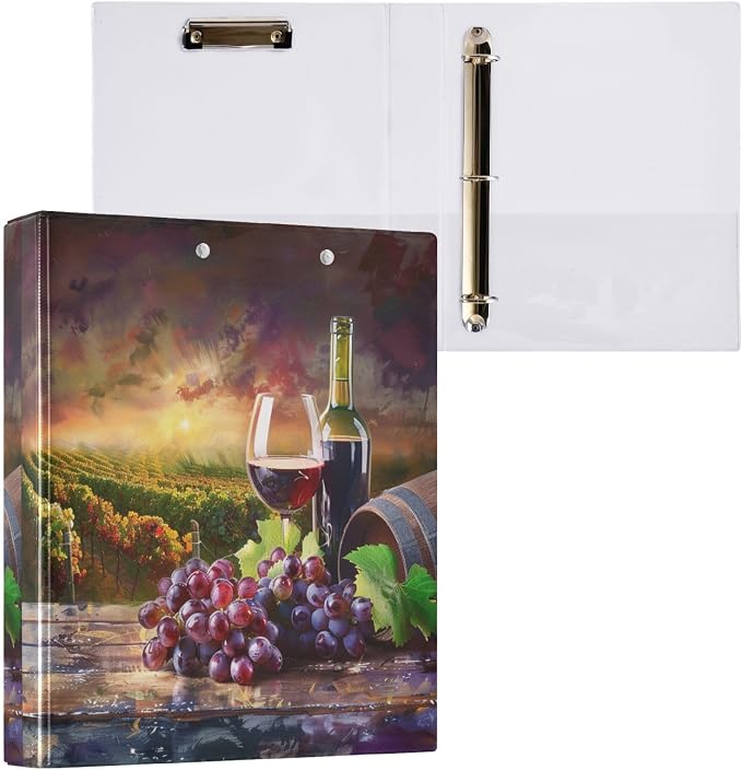 3 Ring Binder Wine Grass Grapes Wine Barrel 1.5" Round Ring Binders View Binder with 200 Sheet for Women Men Office Kids School Supplies, 1 Pack