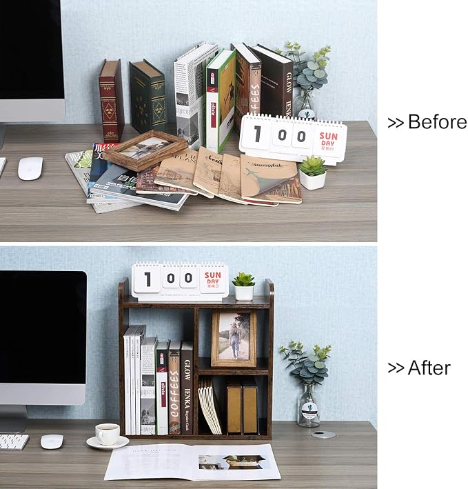 Desktop Shelf Freestanding Wood Small Bookshelf Desk Supplies Organizers and Accessories Storage Display Rack Office Decor for Women, Antique Brown