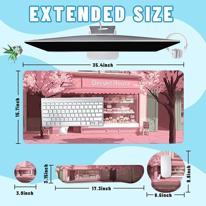 Cherry Blossom Mouse Pad Set Cute Cat Japanese Dessert Shop Street Gaming Mousepad 4in1 Desk Mat for Desktop Anti-Slip XXL Big Computer Ergonomic Mousepad with Wrist Support for Keyboard and Mouse