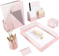BLU MONACO Pink Desk Organizer Set | 6-Piece Metal Desktop Accessories | Mail Sorter Organizer Countertop | Letter Sorter for Desk | Mesh Pen Holder | Home Office or Dorm