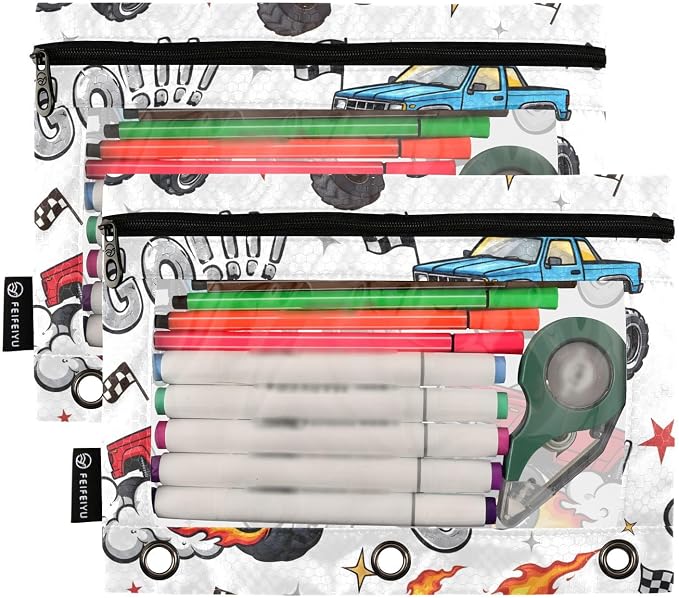 Truck Racing Car Flag Pencil Pouch for 3 Ring Binder, 2 Pack Waterproof Pencil Bags Clear Window Pencil Case Zipper School Office Supplies