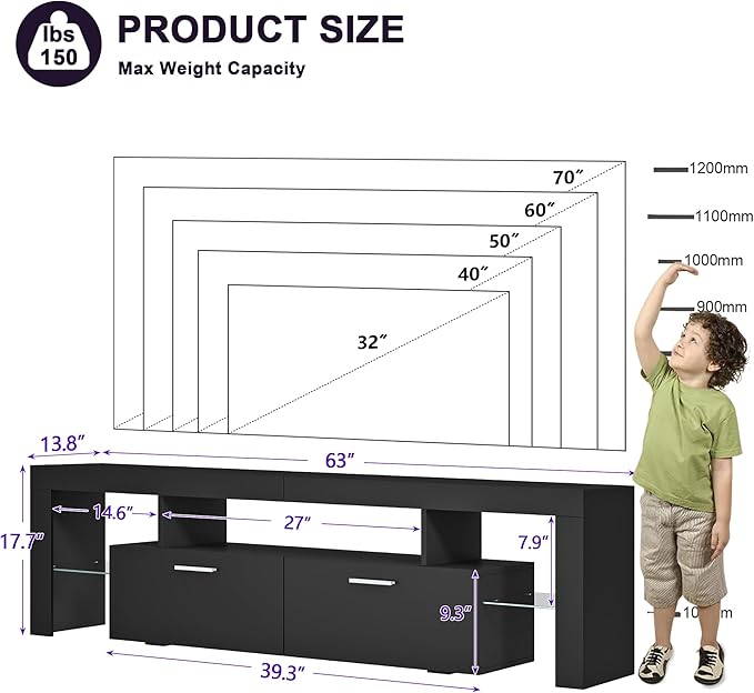 Clikuutory Modern Lighting 63 inch TV Stand with Large Storage Drawer for 50 55 60 65 70 75 Inch TVs, TV Console with 20 Color LED Lights, Entertainment Center Media and Open Shelf for Bedroom, Black