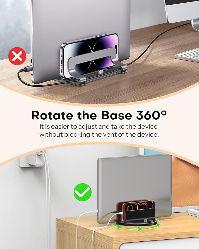 OMOTON 360° Vertical Laptop Stand Holder, Dual-Slot Aluminum Desk Organizer | Sides Knob Adjustment (No Lost Screws), Fits MacBook, iPad, Phones, and Tablets, Non-slip silicone, up to 17.3"
