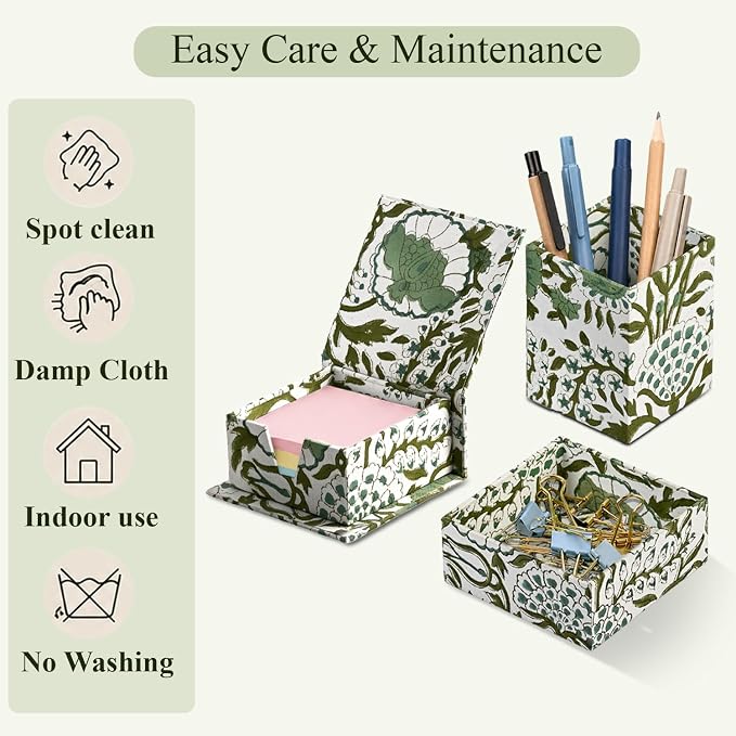 CPC Agate Green Block Print Set of 3 Desk Organizer Pen And Sticky Note Holder Cute, Aesthetic, Decor accessories, workspace organizers, Caddy Storage, Gift for Office, Professionals, Student