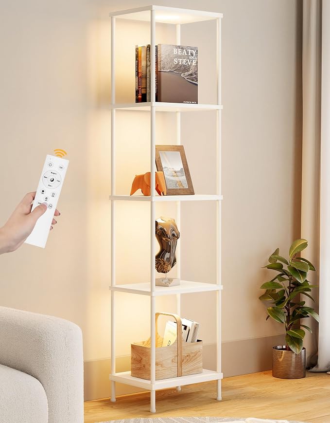 Display Shelf with RGBCW Light, Color Changing Curio Cabinet Floor Lamp with Shelves Corner Standing Column Lamp Etagere Organizer Tower Nightstand Bookcase for Living Room Bedroom Office Décor White