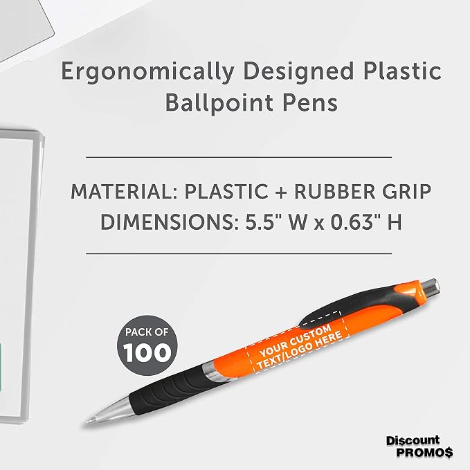 DISCOUNT PROMOS Ballpoint Pens With Rubber Grip - 100 pack - Customizable Text, Logo - Black Ink Ball Point Pen with Soft Touch Plastic - Orange