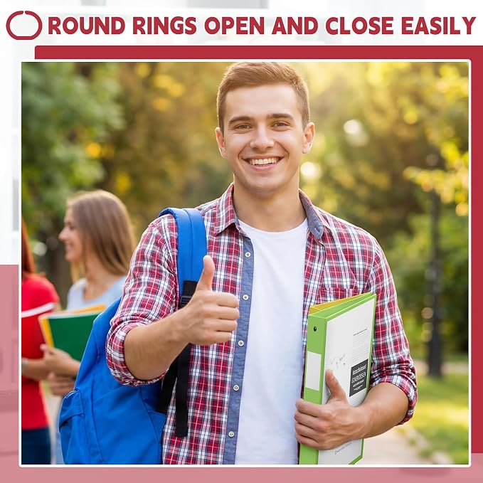 Henoyso 1 Inch 3 Ring Binders with Clear Front Cover and 2 Pockets, Round Ring Binders Fits 8.5'' x 11'' Letter Size Paper for School Office Supplies, 12 Pack (Assorted Color)
