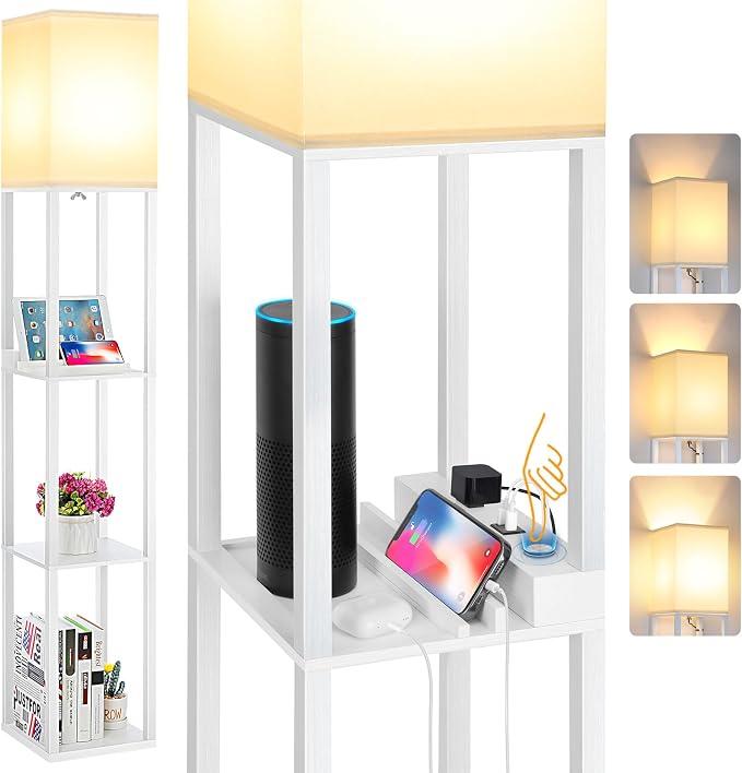 Touch Control Shelf Floor Lamp, Modern Dimmable LED Standing Lamps with Shelves, Charging USB Ports, Type C Port and Power Outlet, Wood Tall Light for Living Room, Bedroom, Bedside，White | 3-Tier Modern Square Bookshelf Lamp, Corner Standing Light with...