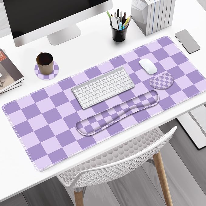 Large Gaming Mouse Pad Set, 4 in1 Ergonomics Keyboard Desk Mat with Memory Foam Wrist Rest, Extended Game Mousepad, Non-Slip Desk Pad Matt Easy Typing Pain Relief I Light Purple Checkered