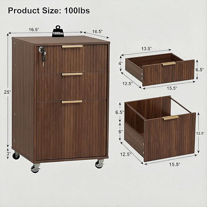 3 Drawers Fluted Mobile File Cabinet with Lock, Rolling File Cabinet Printer Stand Table, Under Desk Wooden Filing Cabinets for Home Office Essentials Storage Organization Furniture Letters/A4(Walnut)