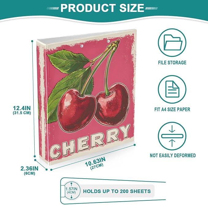 3 Ring Binder Red Cherry Print 1.5" Round Ring Binders View Binder with 200 Sheet for Kids School Supplies Women Men Office, 1 Pack