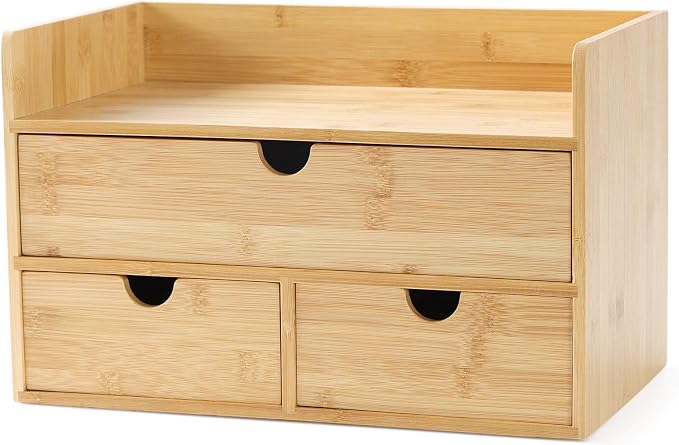 Bamboo Desk Organizer with Drawers, 3-Drawer Desktop Storage Box | 3 Drawers Open Top Tray Fully Assembled Stores Pens, Notes, Makeup, Jewelry & Toiletries for Office, Vanity & Bath
