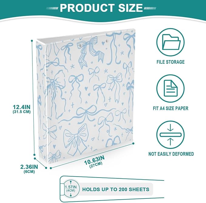 Cartoon Doodle Blue Bows 1.5 Inch Binders 3 Ring for Letter Size Holds 200 Sheets Notebook Binder with Clipboard for Women or Men
