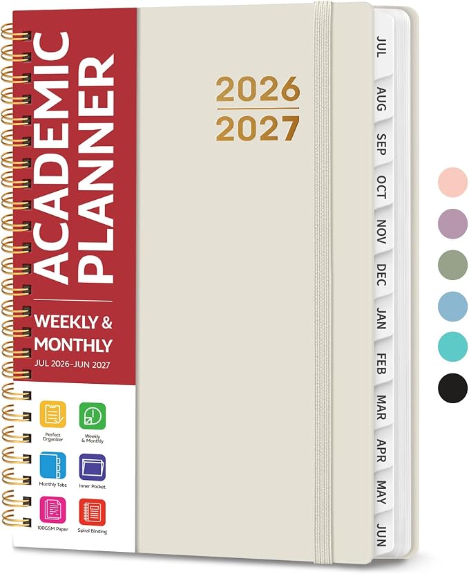 Taja Planner 2026-2027, Jul 2026-Jun 2027 Monthly & Weekly Calendar Book | 6.3" x 8.5", Hardcover Academic Calendar with Tabs, Teacher Student Agenda Book for School Office Supplies - Beige