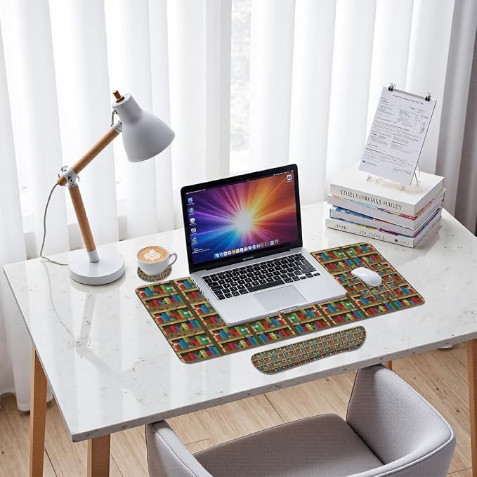 Bookshelf Mouse Pad Set Educational Bookcase Pixel Game Gaming Mousepad 4in1 Desk Mat for Desktop Wrist Support Cup Coaster Set Ergonomic Computer Desk Arm Wrist for Decor Home Office