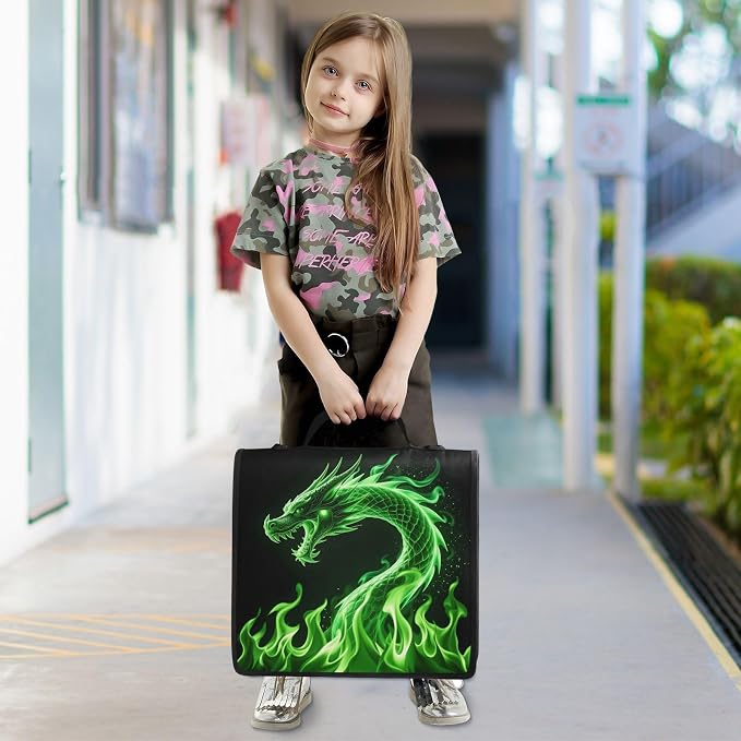 Green Dargon 3 Ring Zipper Binder Bag Binder Organizer with Handle Shoulder Strap for School Work Office Supplies