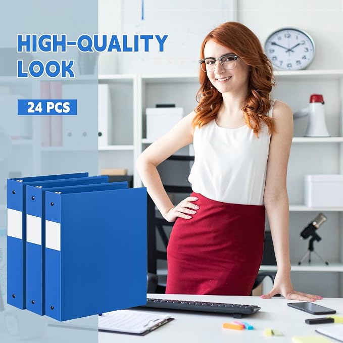 Henoyso 24 Pcs 1.5 Inch 3 Ring Binders, Letter Size,Blue | Binders Bulk, Holds 350 Sheets, Round Rings, Durable Flexible PP Plastic Covers, Pockets Labels, School Office Supplies