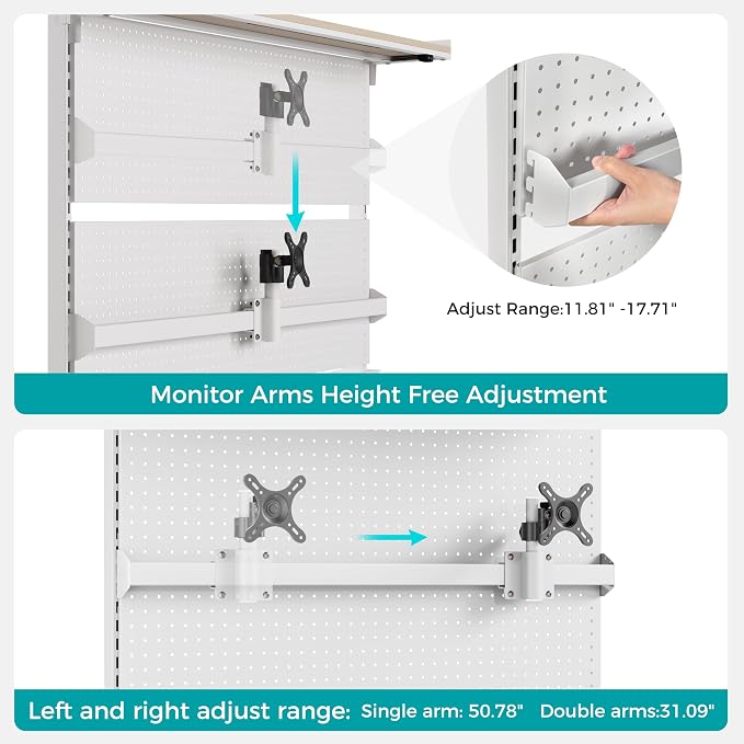 EUREKA ERGONOMIC Desk Pegboard Dual Monitor Stand 59x34 White | Large steel pegboard with dual monitor stands, LED lighting, privacy panel and modular accessories for gaming desks