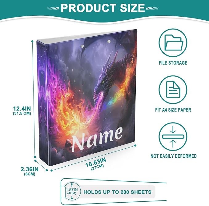 Custom 3 Ring Binder Dragon Spitting Fire 1.5" Round Ring Binders Personalized Name View Binder with 200 Sheet for Women Men Office Kids School Supplies, 1 Pack