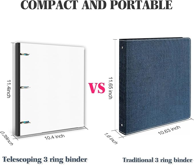 INFUN 1 Inch Telescoping 3 Ring Binder- 4 PCS-White, Portable Plastic Binder with Telescoping Spine, 3 Ring Binders with Foldable Front Cover Holds 8.5" x 11" Paper for School,Office and Homes