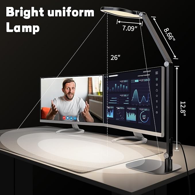 LED Desk Lamp for Home Office, Soft Edge-lit Design - Modern Style | Eye-Caring Diffused Light, Professional Computer Light for Reading, Crafts & Zoom, Dimmable with 30 Modes, Memory & Timer