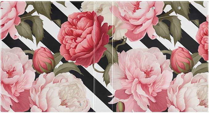 SPRIPORT Black White Striped Rose Peony 1.5 Inch 3 Ring Binder Holds 200 Sheets for Office Supplies Durable PVC Round Ring Binder with Interior Clear Pockets Binder Notebook for Home Work Woman Man