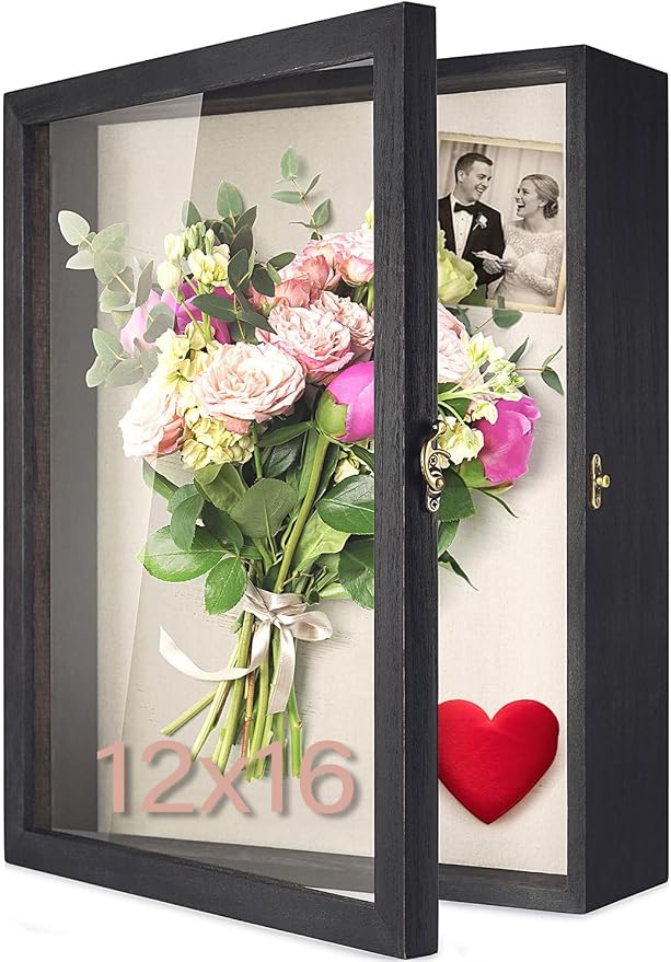 TJ.MOREE Shadow Box 12x16 Memory Display Case Wooden Picture Frame Black | Large Rustic Keepsake Box with Linen Back for Memorabilia, Bridal Shower Wedding Gifts, Military Medals, Pet Memorial Gifts