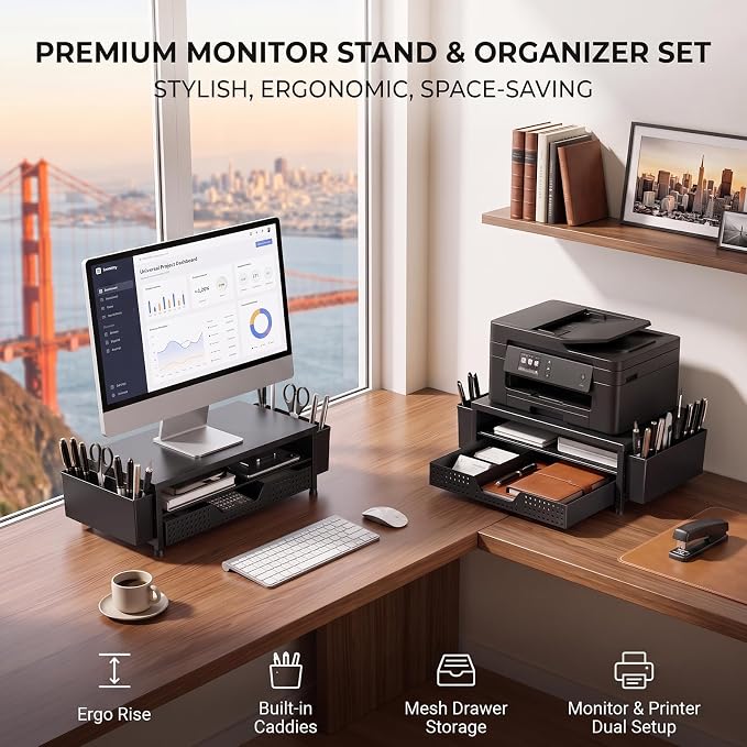 2-Tier Monitor Stand with Drawer, Metal Desk Riser, Black | Dual pen holders, storage shelf, keyboard space, home office, study desk, workspace organization