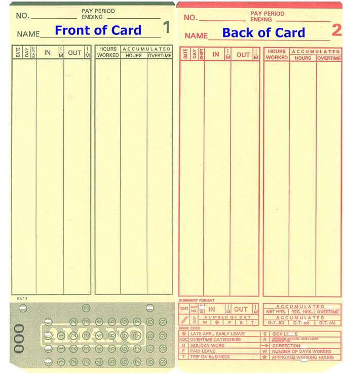 Compumatic Time Cards for Amano MJR-7000 & MJR-8000 Clocks (1000/Box) | 10 Groups Numbered 000–099. Card dimensions 3.25in W × 7.375in L. For Microder series only. Not for MJR-Plus or MJR-PLUSez