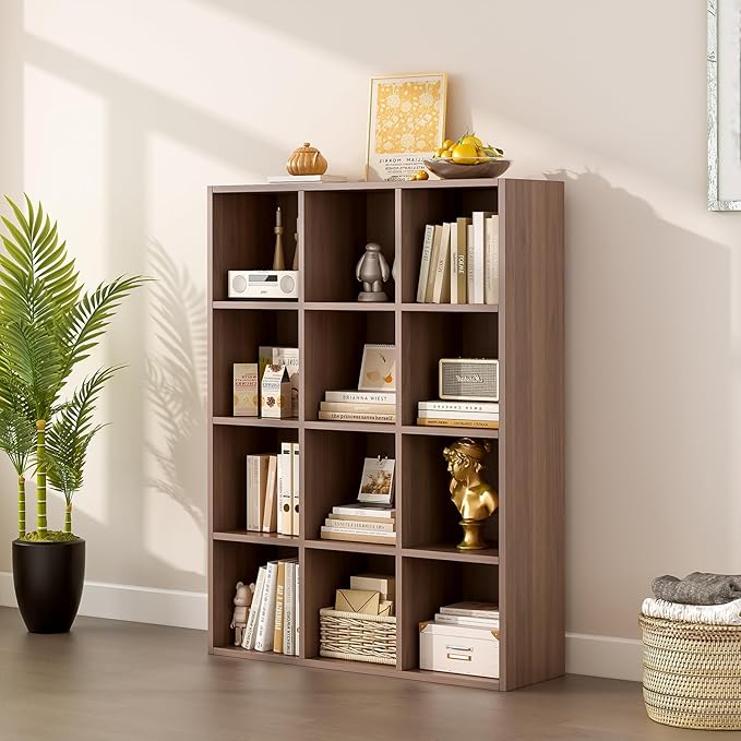 12-Cube Storage Shelf Bookcase, Walnut | Wooden 3-Tier Open Bookshelf, Fits 11×11" Bins, Vertical or Horizontal Use, Full Back Panels, For Home Office