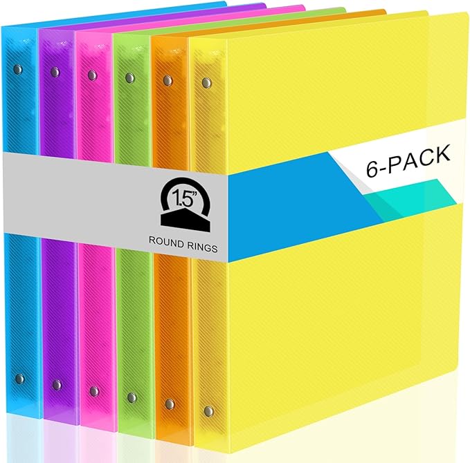 Fulmoon 6 Pack 1.5 Inch Plastic 3 Ring Binders with Pockets, Neon Colors | Flexible Covers with Round Rings and Front Pockets for Organizing Papers at School, Office, Meetings and Presentations