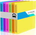 Fulmoon 6 Pack 1.5 Inch Plastic 3 Ring Binders with Pockets, Neon Colors | Flexible Covers with Round Rings and Front Pockets for Organizing Papers at School, Office, Meetings and Presentations