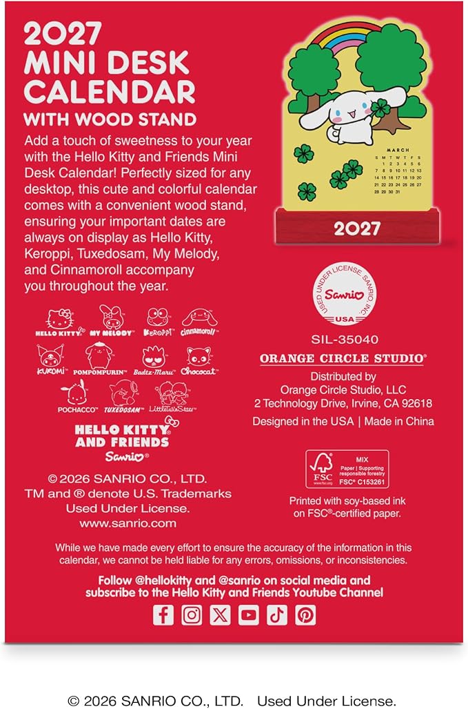 Orange Circle Studio Hello Kitty® and Friends 2027 Mini Desk Calendar with Wooden Stand, 12-Month Small Desktop Calendar, Full-Color Monthly Layouts, 300 GSM FSC-Certified Paper, Office Desk Decor